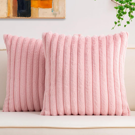 Pack of 2 Faux Fur Christmas Throw Pillow Covers 22x22 Inch, Pink