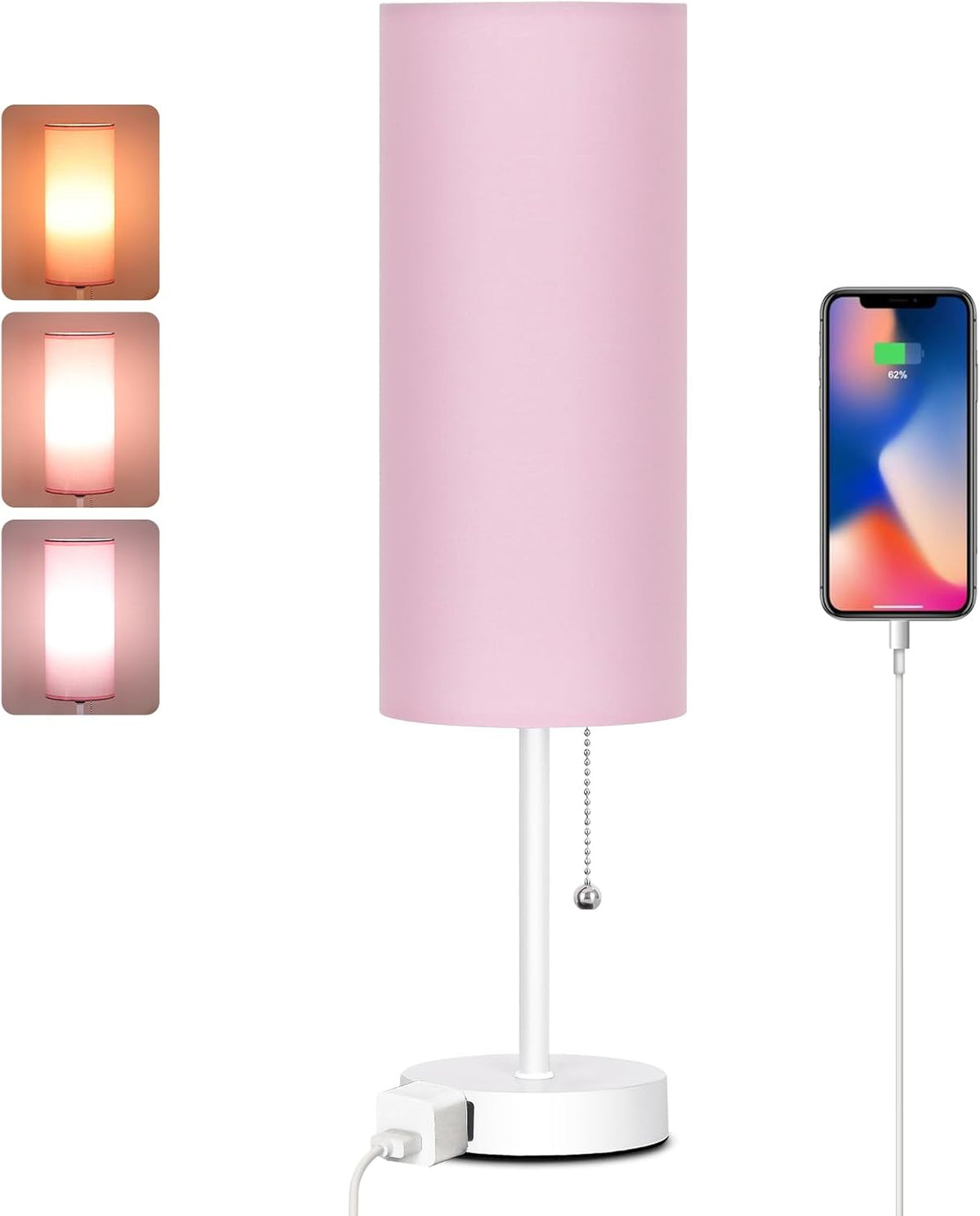 18" Table Lamp for Bedroom, 3-Color Bedside Lamps with Pull Chain