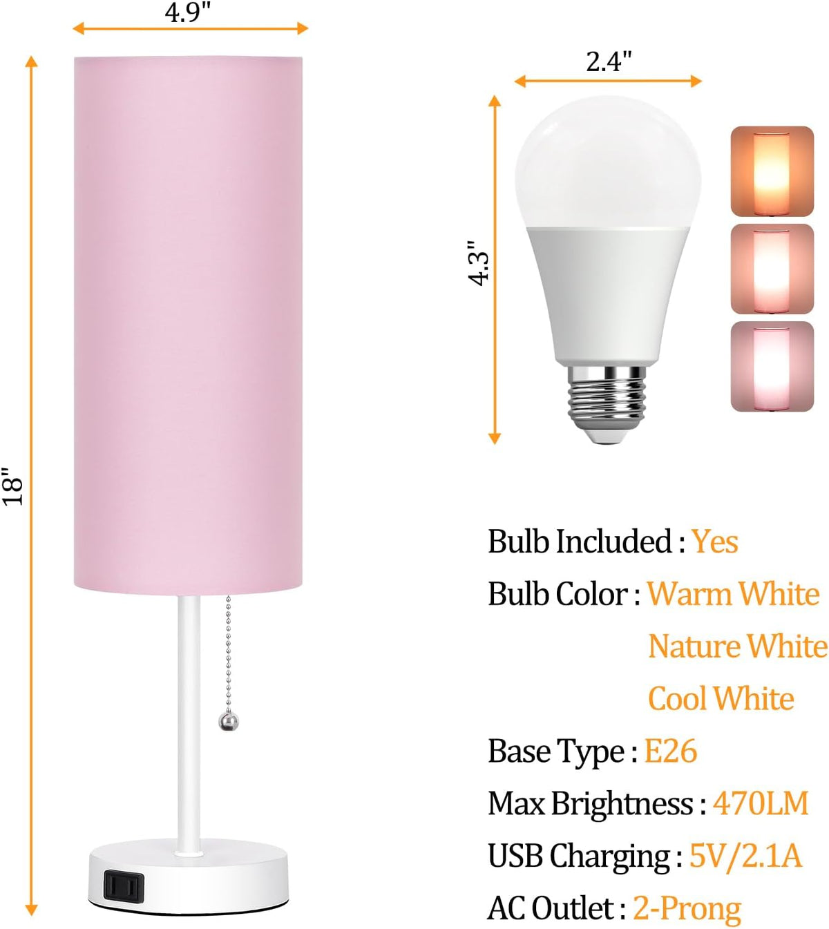 18" Table Lamp for Bedroom, 3-Color Bedside Lamps with Pull Chain
