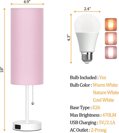18" Table Lamp for Bedroom, 3-Color Bedside Lamps with Pull Chain