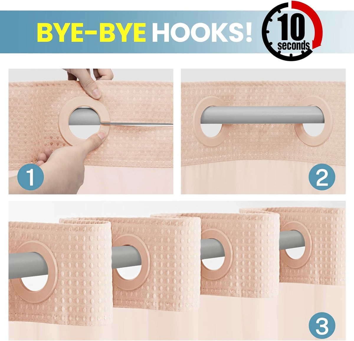 Ringless Waffle Shower Curtain with Snap in Liner Set, 71x74, Blush Pink