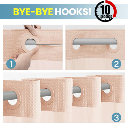 Ringless Waffle Shower Curtain with Snap in Liner Set, 71x74, Blush Pink