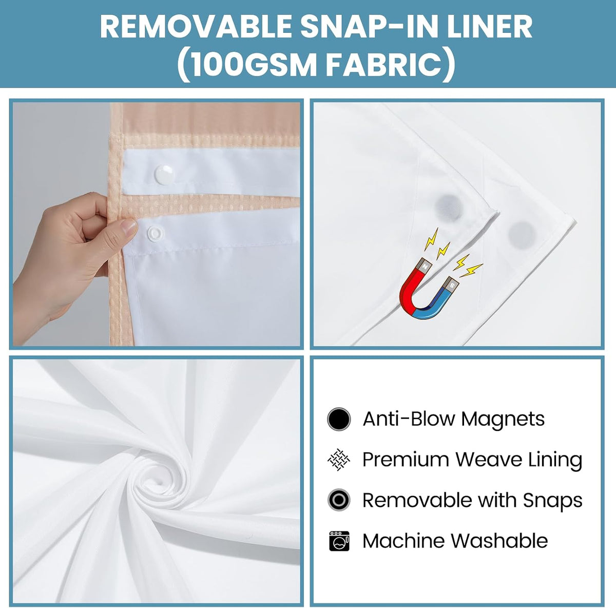 Ringless Waffle Shower Curtain with Snap in Liner Set, 71x74, Blush Pink