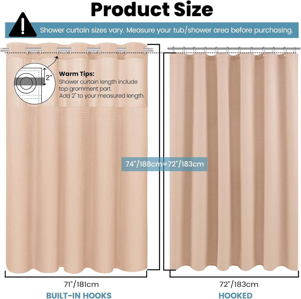 Ringless Waffle Shower Curtain with Snap in Liner Set, 71x74, Blush Pink