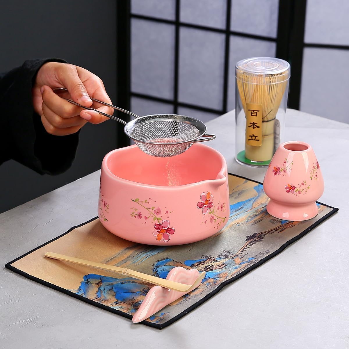 Matcha Set 7-Piece matcha whisk set，matcha kit,matcha set, 1 Scoops, Strainer,1 matcha whisk ，macha whisk set (pink)