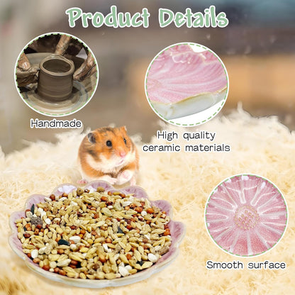 Shallow Ceramic Hamster Food Dish 2 Pcs Small Animals Food Bowl Sunflower Feeding Dishes for Gerbils Mice Rats 4.5in (Pink)