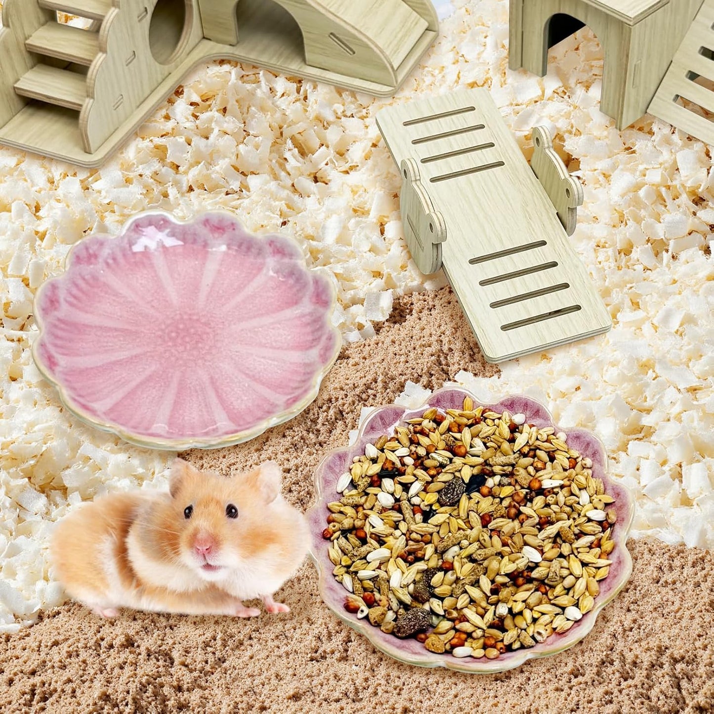 Shallow Ceramic Hamster Food Dish 2 Pcs Small Animals Food Bowl Sunflower Feeding Dishes for Gerbils Mice Rats 4.5in (Pink)
