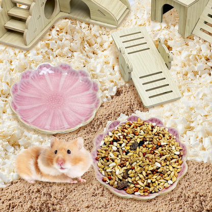 Shallow Ceramic Hamster Food Dish 2 Pcs Small Animals Food Bowl Sunflower Feeding Dishes for Gerbils Mice Rats 4.5in (Pink)