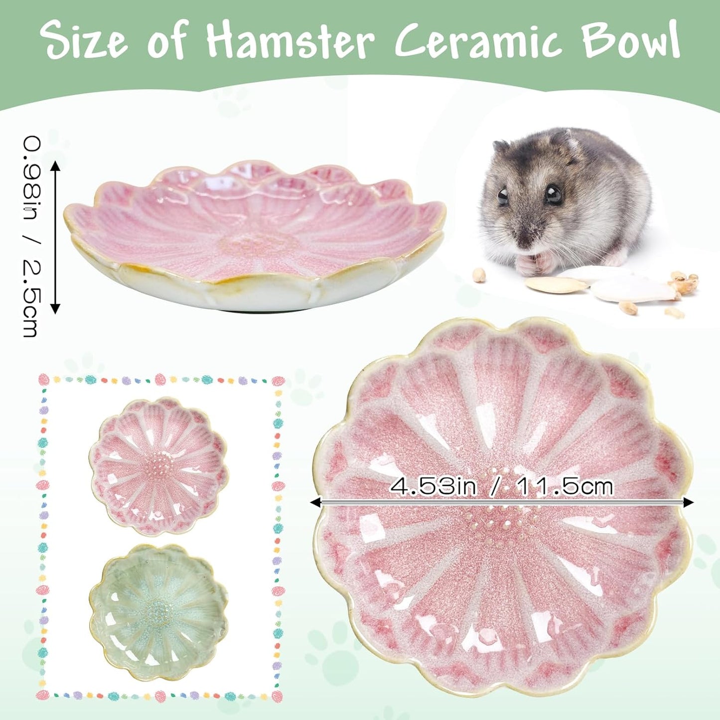 Shallow Ceramic Hamster Food Dish 2 Pcs Small Animals Food Bowl Sunflower Feeding Dishes for Gerbils Mice Rats 4.5in (Pink)