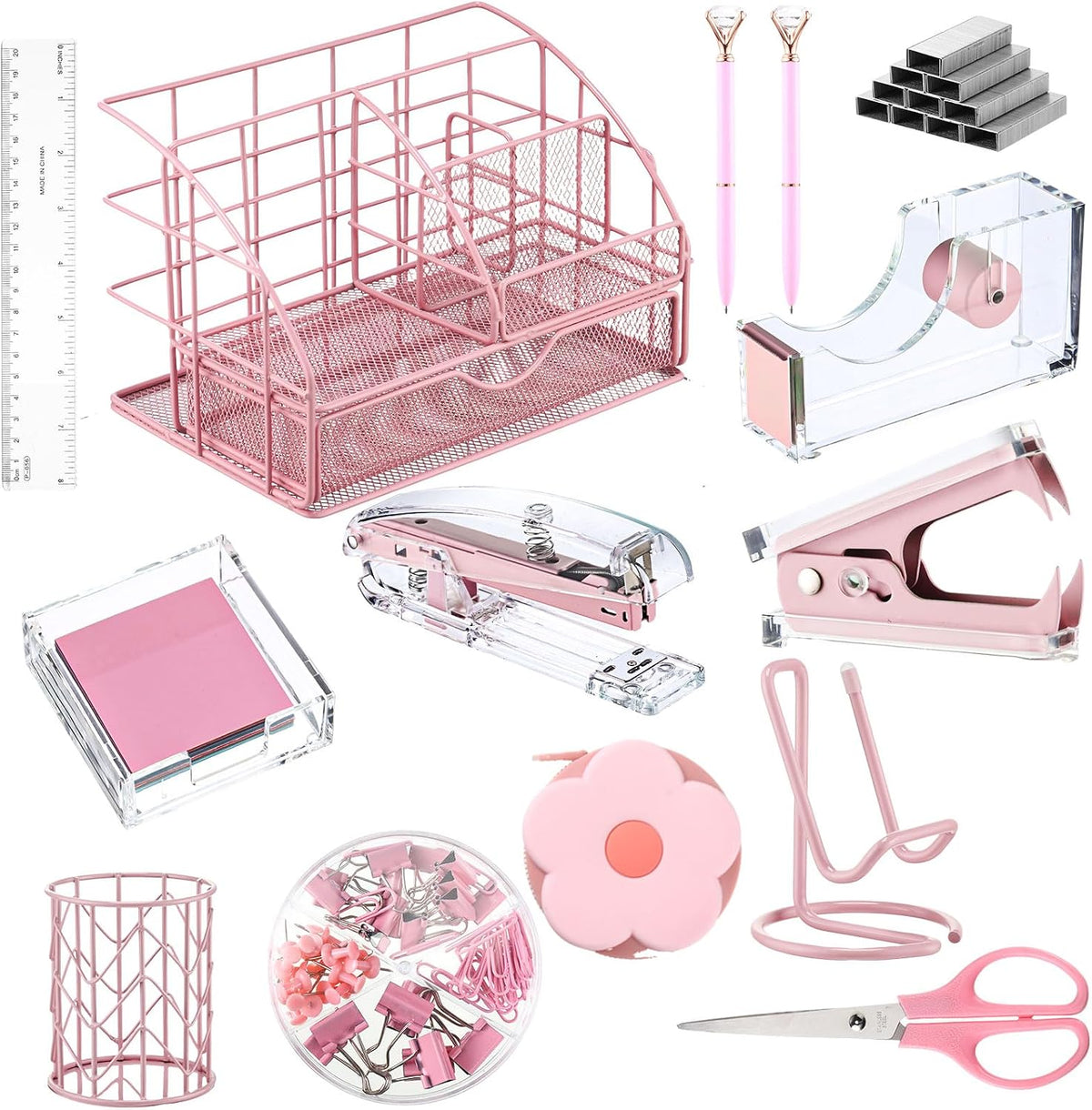14 Desk Accessories Kit Include Stapler, Staple Remover, Pen Holder, Note Box, Metal Mesh Organizer, Phone Holder, Staples, Scissors, Binder Clips, Tape Measure, 2 Pens, Ruler (Pink)