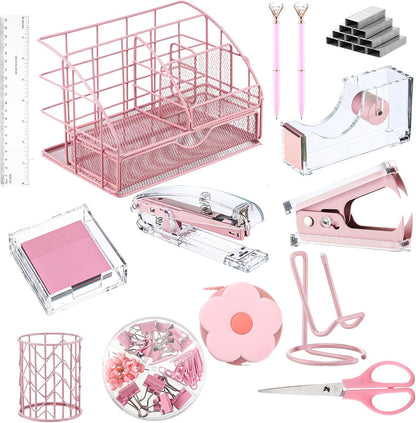 14 Desk Accessories Kit Include Stapler, Staple Remover, Pen Holder, Note Box, Metal Mesh Organizer, Phone Holder, Staples, Scissors, Binder Clips, Tape Measure, 2 Pens, Ruler (Pink)