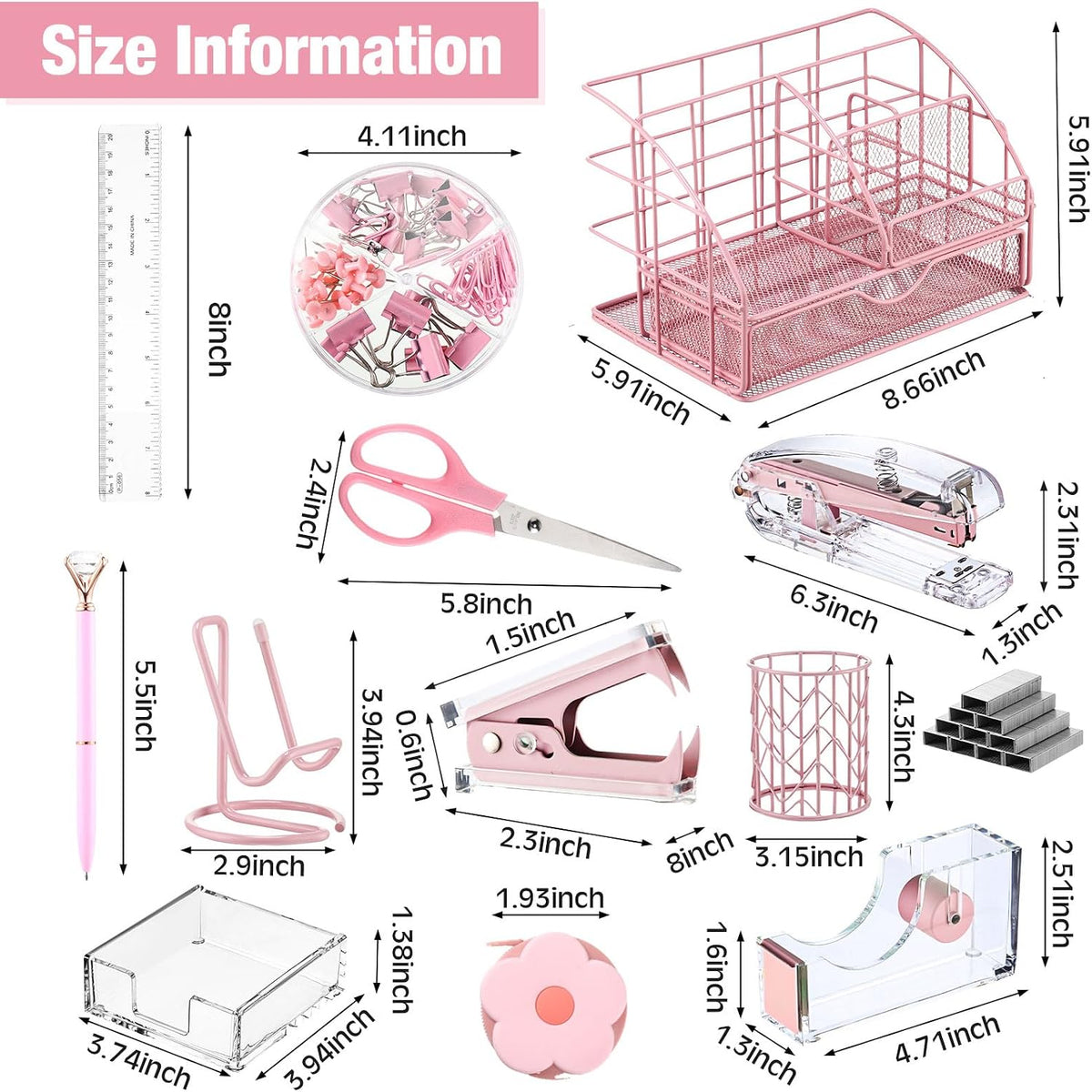 14 Desk Accessories Kit Include Stapler, Staple Remover, Pen Holder, Note Box, Metal Mesh Organizer, Phone Holder, Staples, Scissors, Binder Clips, Tape Measure, 2 Pens, Ruler (Pink)