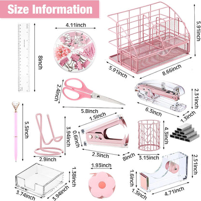 14 Desk Accessories Kit Include Stapler, Staple Remover, Pen Holder, Note Box, Metal Mesh Organizer, Phone Holder, Staples, Scissors, Binder Clips, Tape Measure, 2 Pens, Ruler (Pink)