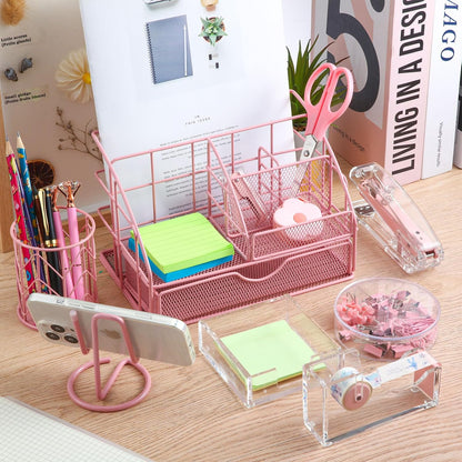 14 Desk Accessories Kit Include Stapler, Staple Remover, Pen Holder, Note Box, Metal Mesh Organizer, Phone Holder, Staples, Scissors, Binder Clips, Tape Measure, 2 Pens, Ruler (Pink)