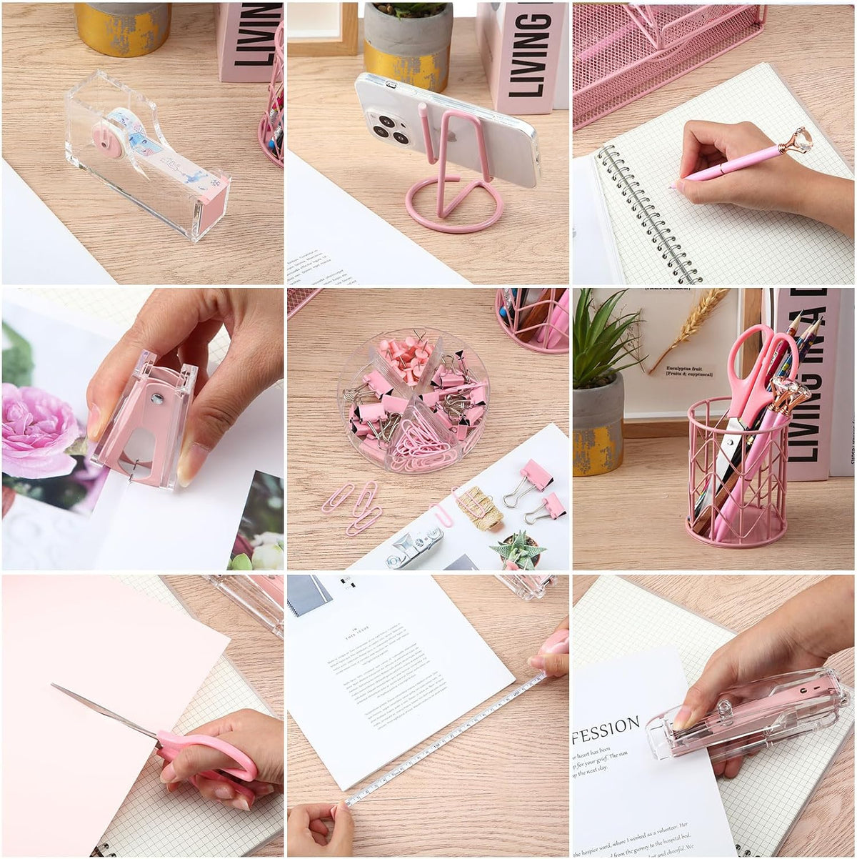 14 Desk Accessories Kit Include Stapler, Staple Remover, Pen Holder, Note Box, Metal Mesh Organizer, Phone Holder, Staples, Scissors, Binder Clips, Tape Measure, 2 Pens, Ruler (Pink)