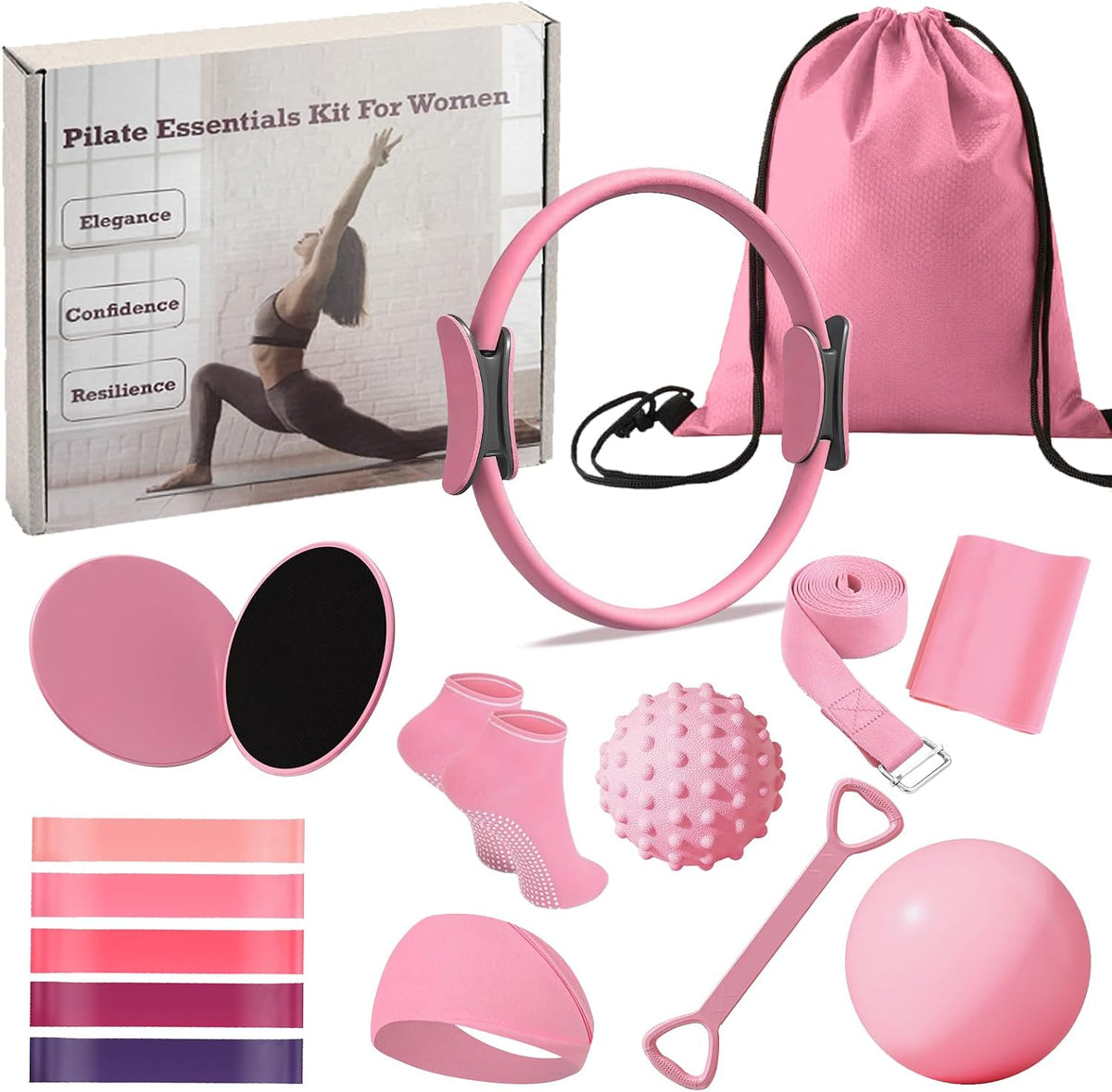 Pilates Ring Circle Set for Women, 17 Pcs Yoga Equipment Sets, with 14'' Yoga Ring, Massage Ball, Resistance Bands, Hip Thrust Belt, Hair Band, Anti Slip Socks for Legs Arms and Thighs