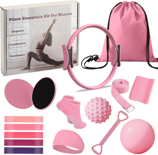 Pilates Ring Circle Set for Women, 17 Pcs Yoga Equipment Sets, with 14'' Yoga Ring, Massage Ball, Resistance Bands, Hip Thrust Belt, Hair Band, Anti Slip Socks for Legs Arms and Thighs