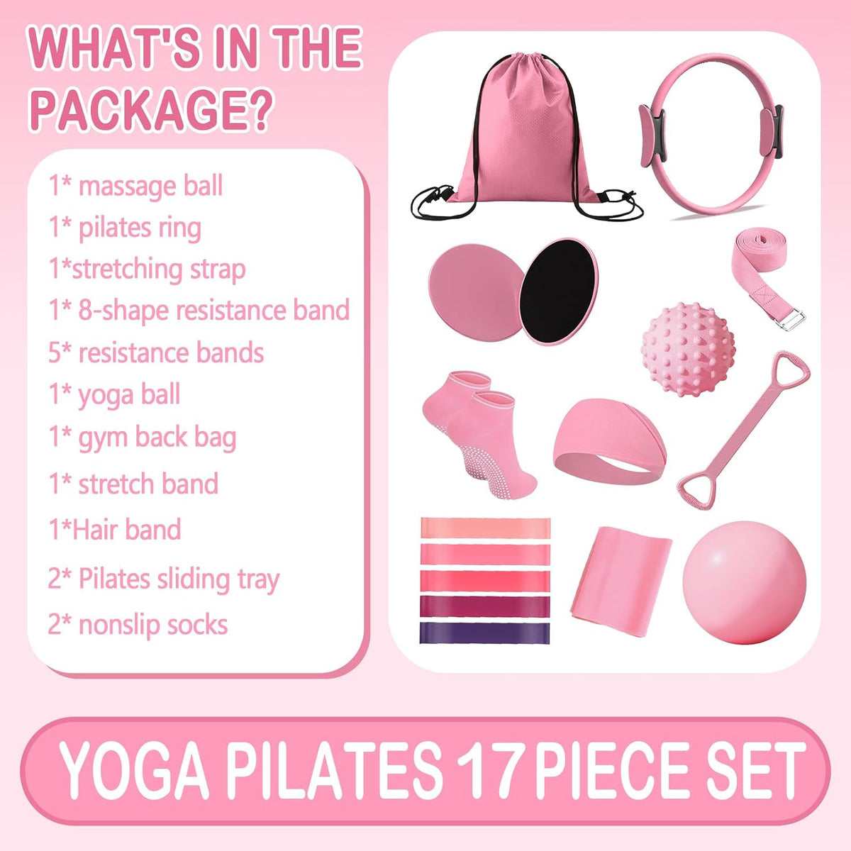 Pilates Ring Circle Set for Women, 17 Pcs Yoga Equipment Sets, with 14'' Yoga Ring, Massage Ball, Resistance Bands, Hip Thrust Belt, Hair Band, Anti Slip Socks for Legs Arms and Thighs