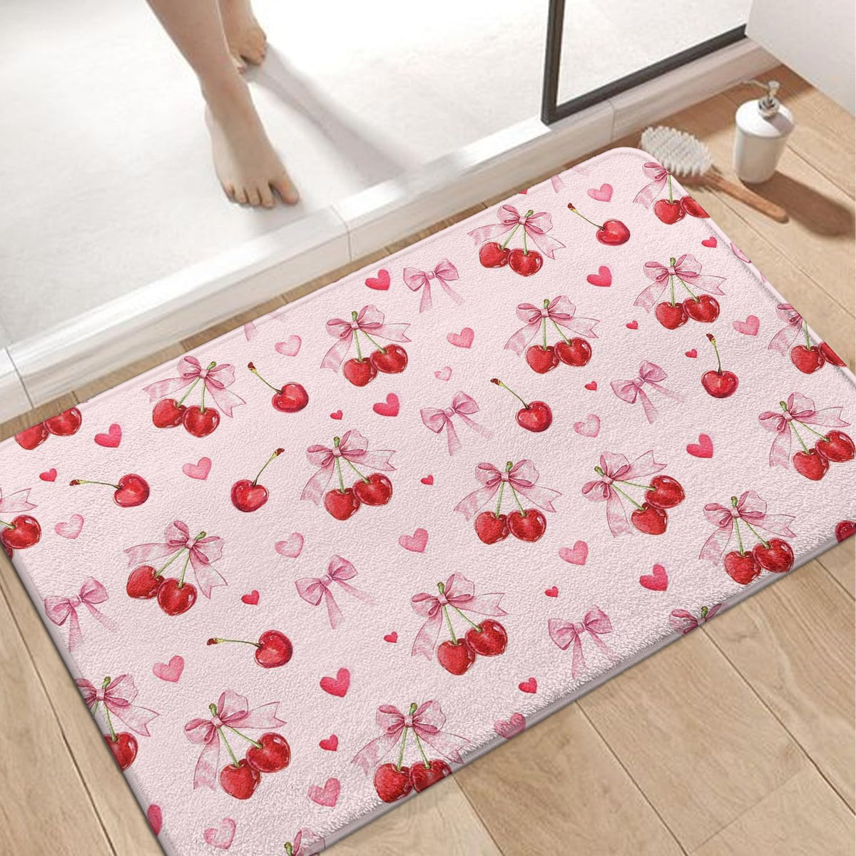 Cherry Imitation Cashmere Bath Mat, Cute Pink Bathroom Floor Mat Rubber Backing Non-Slip Washable,Fruit Bathroom Rug Soft Absorbent Suitable for Bathtub Shower Door Mat Decoration 17x27Inch