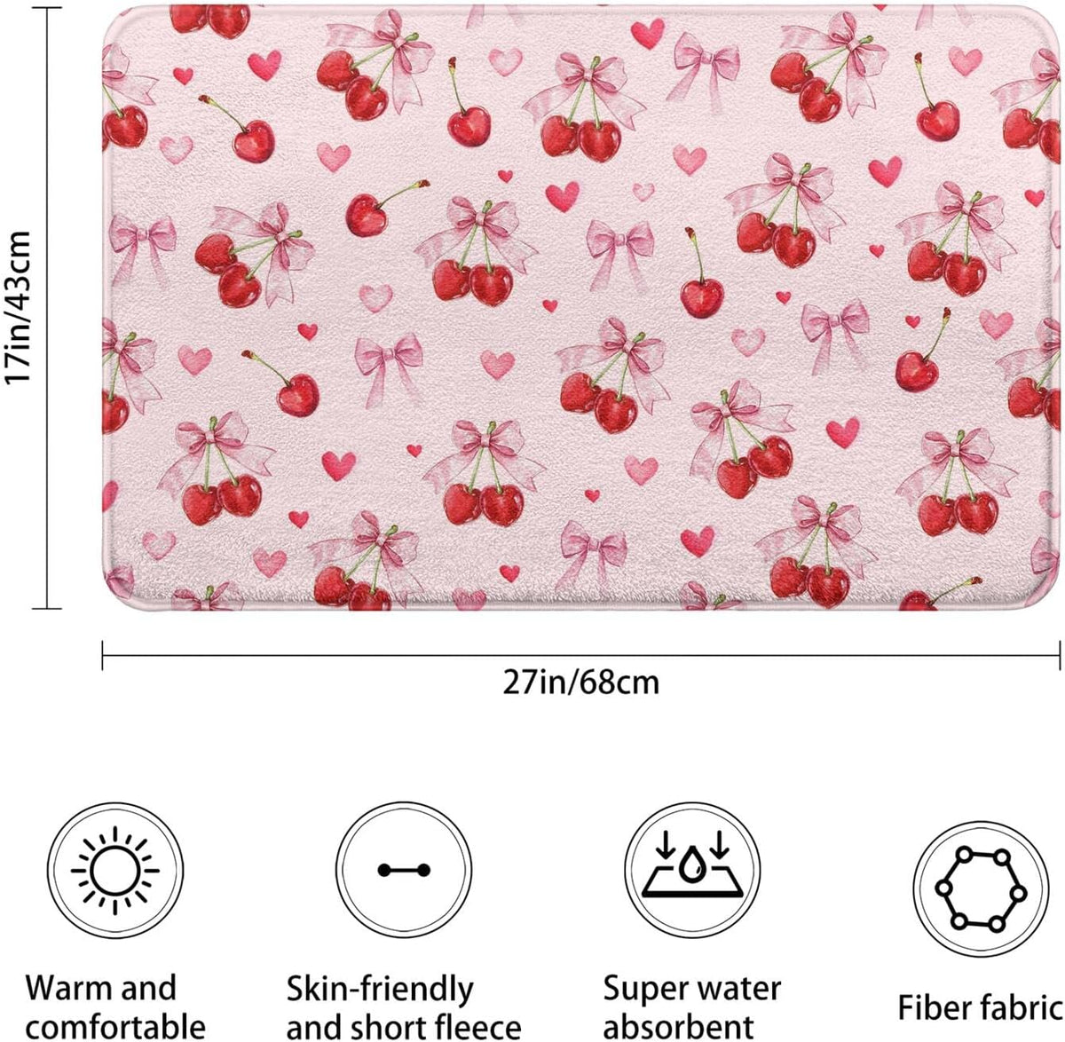 Cherry Imitation Cashmere Bath Mat, Cute Pink Bathroom Floor Mat Rubber Backing Non-Slip Washable,Fruit Bathroom Rug Soft Absorbent Suitable for Bathtub Shower Door Mat Decoration 17x27Inch