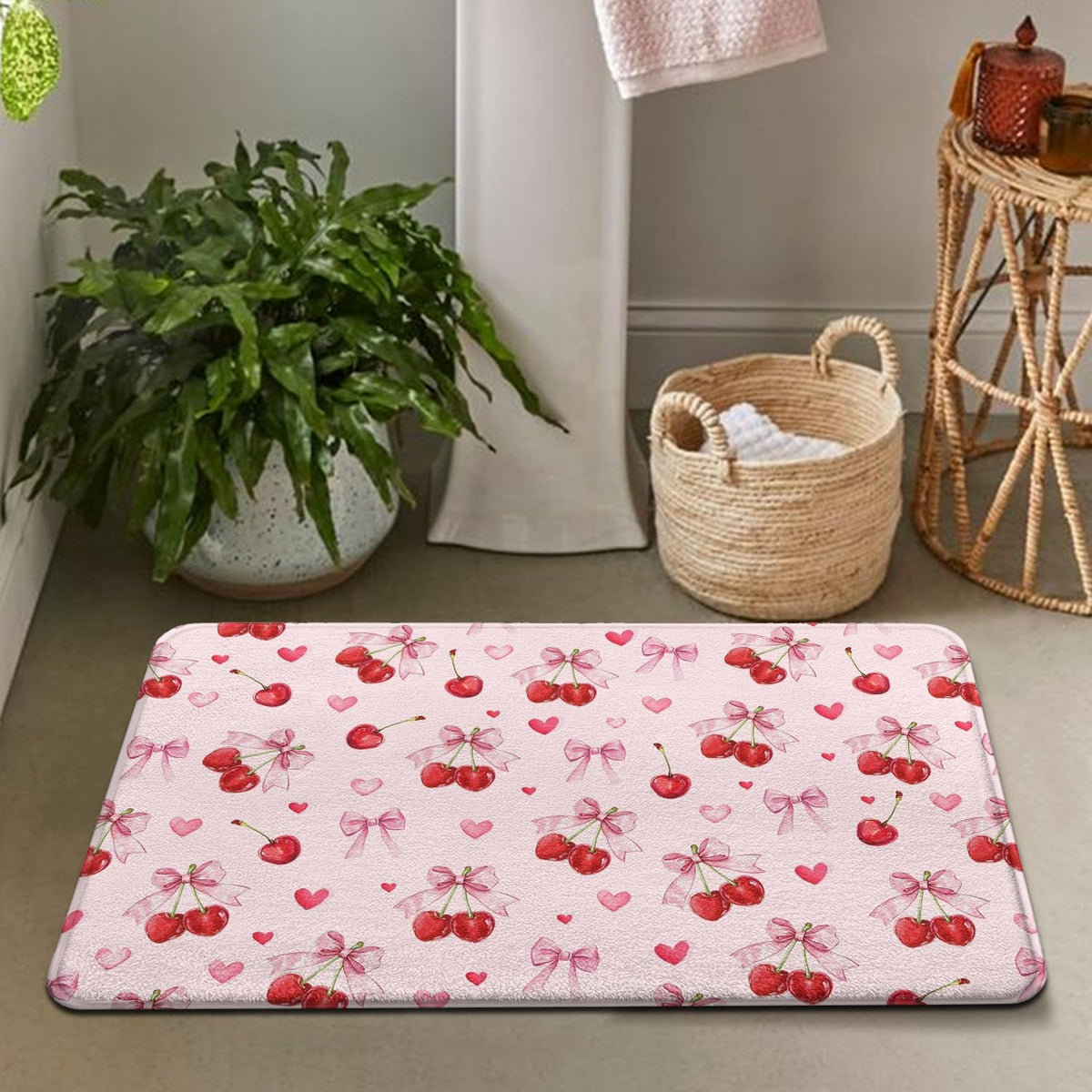 Cherry Imitation Cashmere Bath Mat, Cute Pink Bathroom Floor Mat Rubber Backing Non-Slip Washable,Fruit Bathroom Rug Soft Absorbent Suitable for Bathtub Shower Door Mat Decoration 17x27Inch