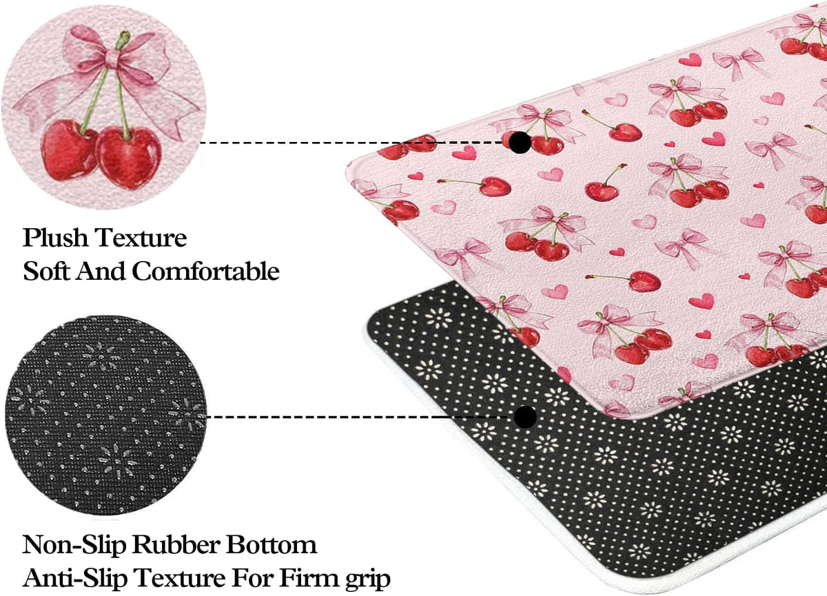 Cherry Imitation Cashmere Bath Mat, Cute Pink Bathroom Floor Mat Rubber Backing Non-Slip Washable,Fruit Bathroom Rug Soft Absorbent Suitable for Bathtub Shower Door Mat Decoration 17x27Inch