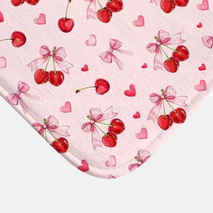 Cherry Imitation Cashmere Bath Mat, Cute Pink Bathroom Floor Mat Rubber Backing Non-Slip Washable,Fruit Bathroom Rug Soft Absorbent Suitable for Bathtub Shower Door Mat Decoration 17x27Inch