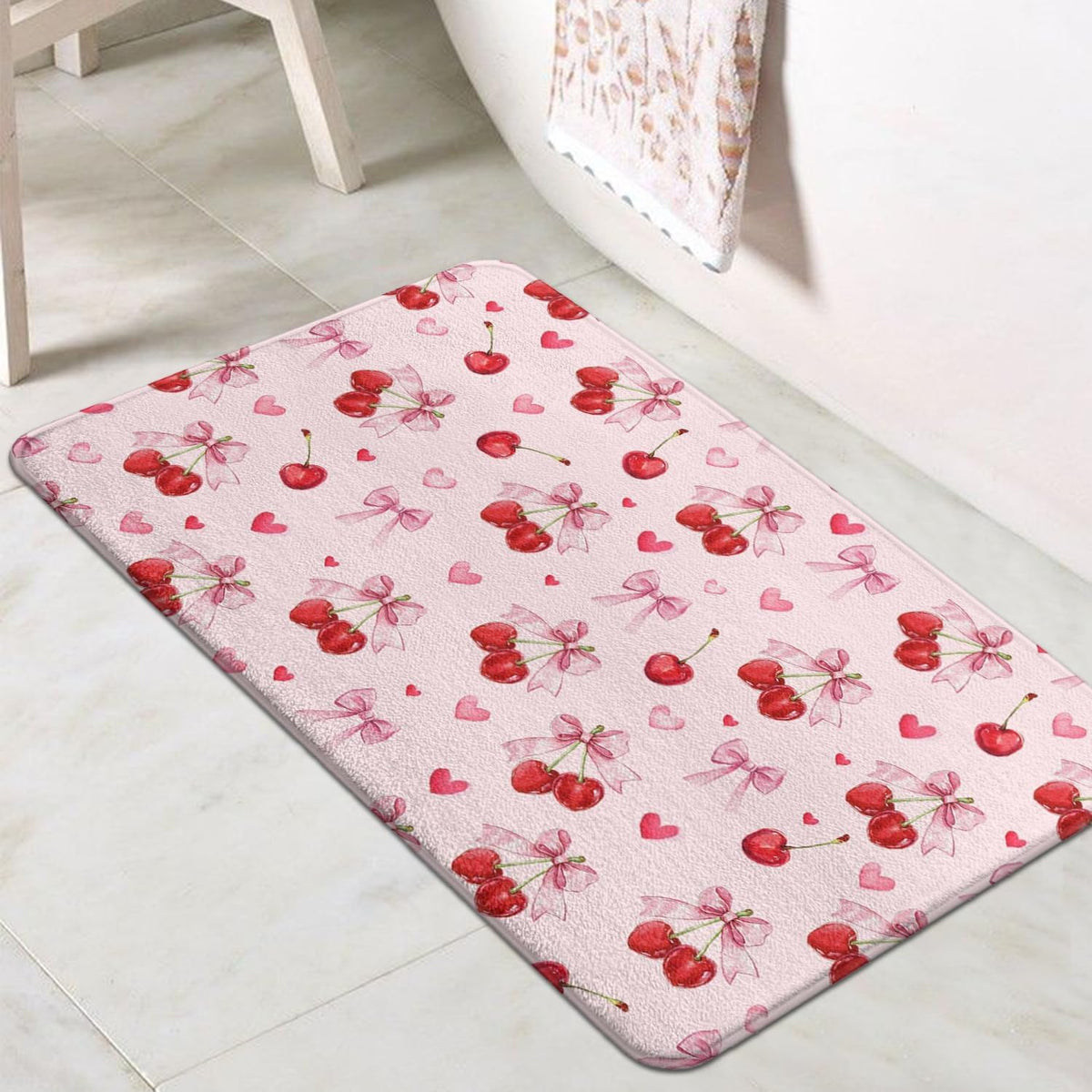 Cherry Imitation Cashmere Bath Mat, Cute Pink Bathroom Floor Mat Rubber Backing Non-Slip Washable,Fruit Bathroom Rug Soft Absorbent Suitable for Bathtub Shower Door Mat Decoration 17x27Inch