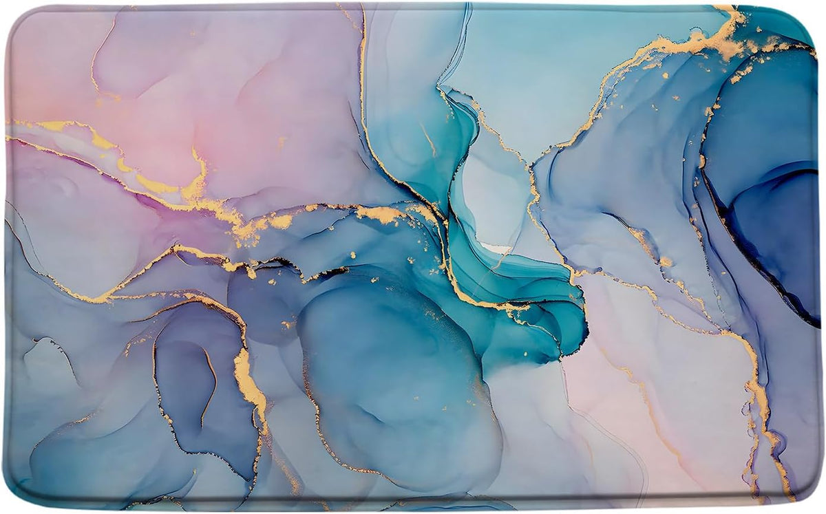 Teal Pink Marble Bath Mat Modern Abstract Blue Marble Texture Gold Stripes Elegant Bathroom Decor Rug Doormat Toilet Floor Rug,17.8x29.5 Inch