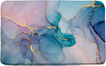 Teal Pink Marble Bath Mat Modern Abstract Blue Marble Texture Gold Stripes Elegant Bathroom Decor Rug Doormat Toilet Floor Rug,17.8x29.5 Inch