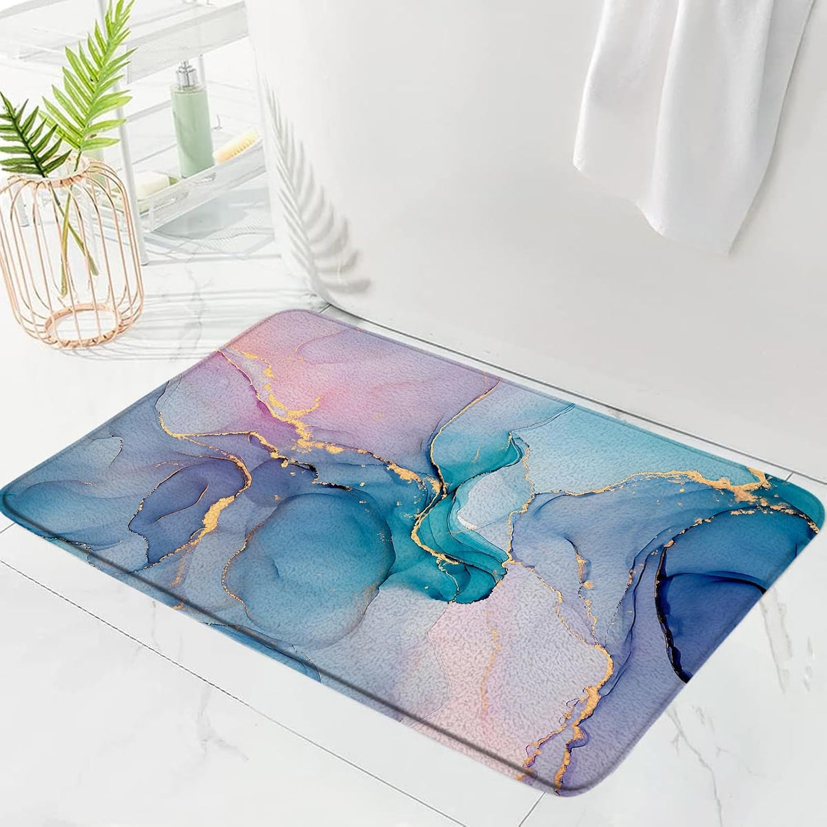 Teal Pink Marble Bath Mat Modern Abstract Blue Marble Texture Gold Stripes Elegant Bathroom Decor Rug Doormat Toilet Floor Rug,17.8x29.5 Inch