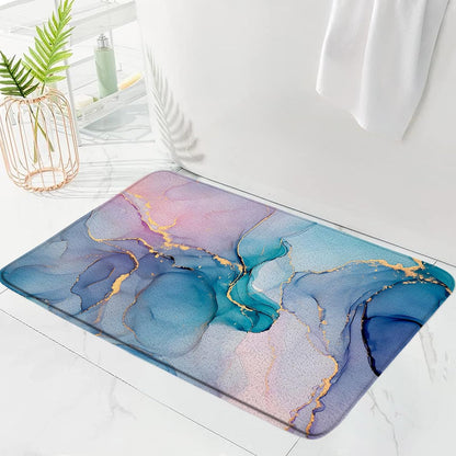 Teal Pink Marble Bath Mat Modern Abstract Blue Marble Texture Gold Stripes Elegant Bathroom Decor Rug Doormat Toilet Floor Rug,17.8x29.5 Inch