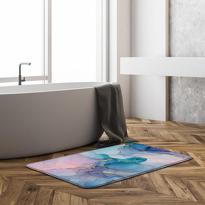Teal Pink Marble Bath Mat Modern Abstract Blue Marble Texture Gold Stripes Elegant Bathroom Decor Rug Doormat Toilet Floor Rug,17.8x29.5 Inch
