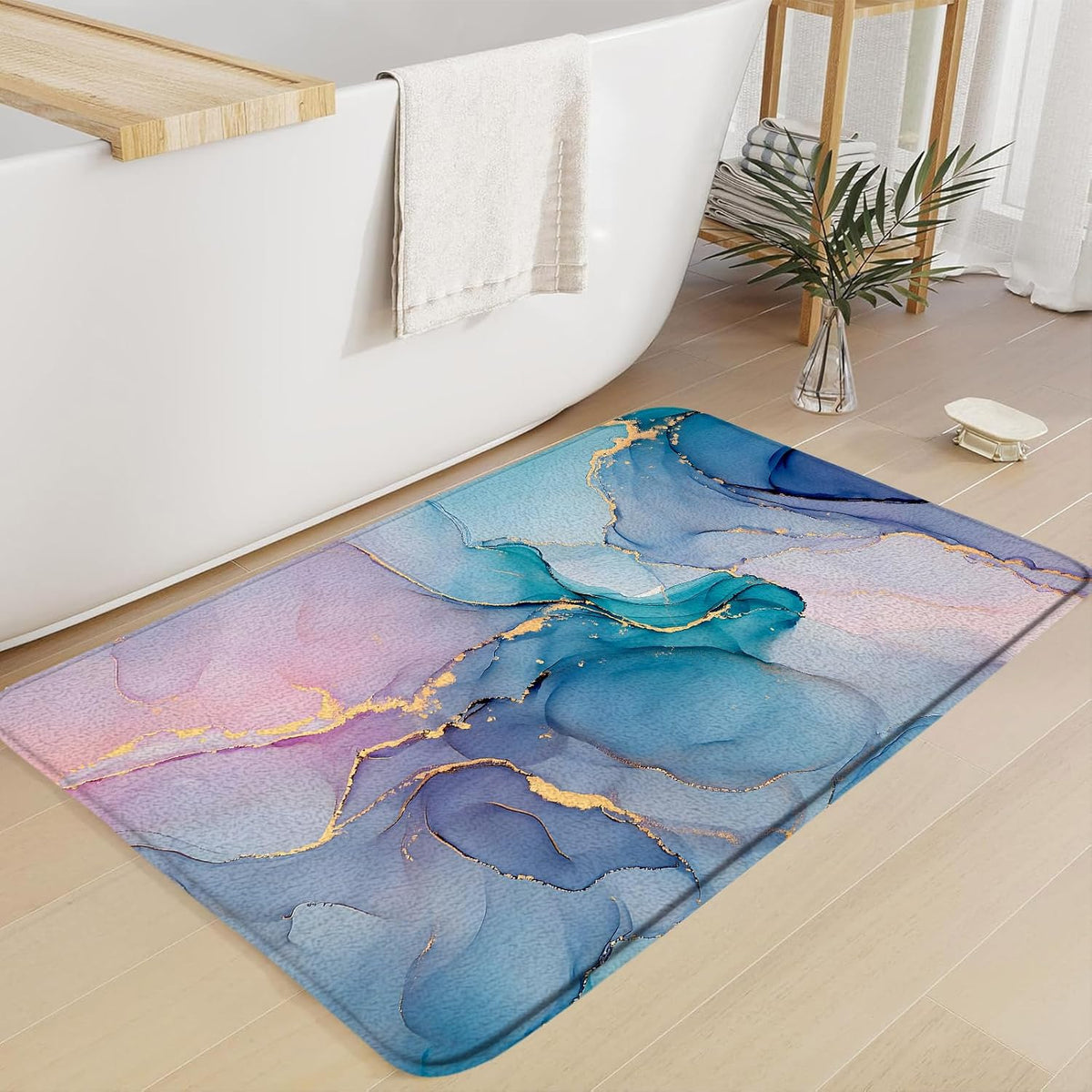 Teal Pink Marble Bath Mat Modern Abstract Blue Marble Texture Gold Stripes Elegant Bathroom Decor Rug Doormat Toilet Floor Rug,17.8x29.5 Inch