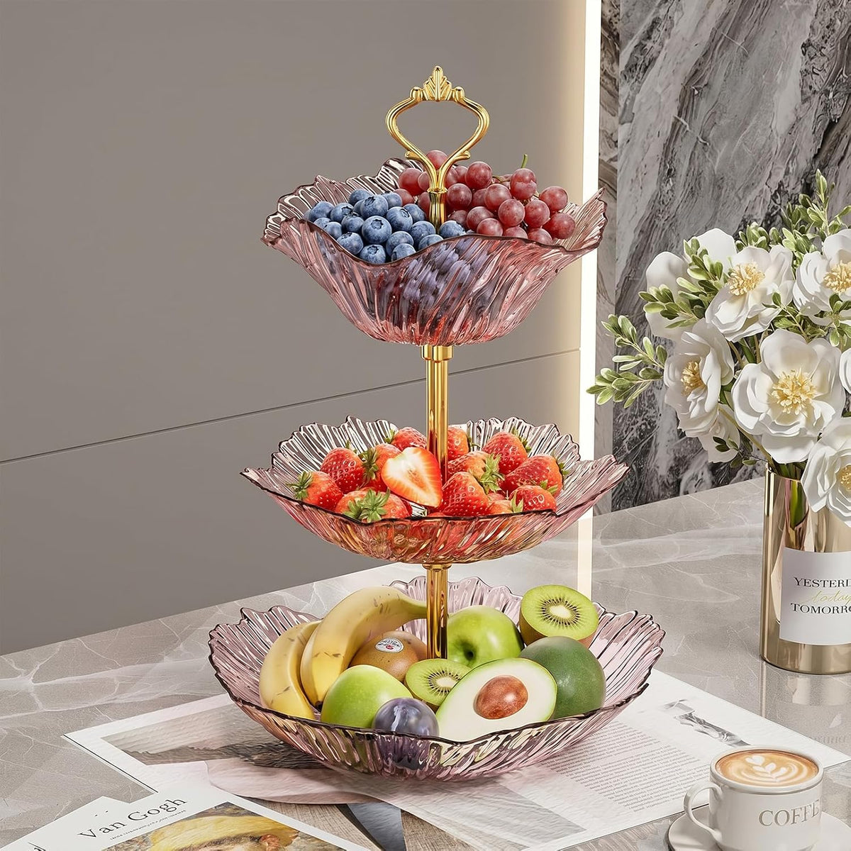 3 Tier Fruit Basket for Kitchen Counter, Light Luxury Acrylic Fruit Bowl Stand, Detachable Tiered Serving Tray for Cupcake, Snack, Cake, Dessert,Cake Stand for Party (Transparent Pink)