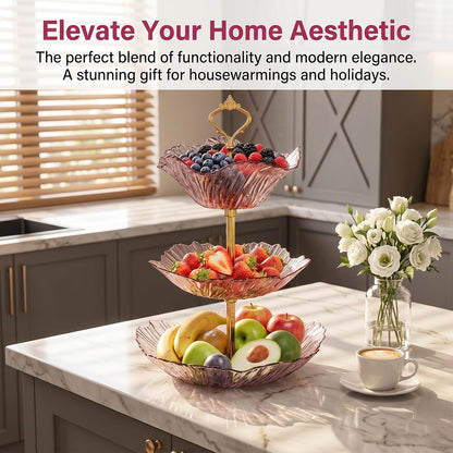 3 Tier Fruit Basket for Kitchen Counter, Light Luxury Acrylic Fruit Bowl Stand, Detachable Tiered Serving Tray for Cupcake, Snack, Cake, Dessert,Cake Stand for Party (Transparent Pink)