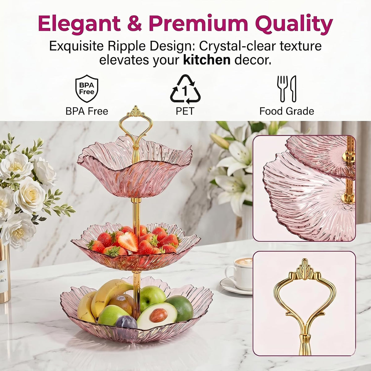 3 Tier Fruit Basket for Kitchen Counter, Light Luxury Acrylic Fruit Bowl Stand, Detachable Tiered Serving Tray for Cupcake, Snack, Cake, Dessert,Cake Stand for Party (Transparent Pink)