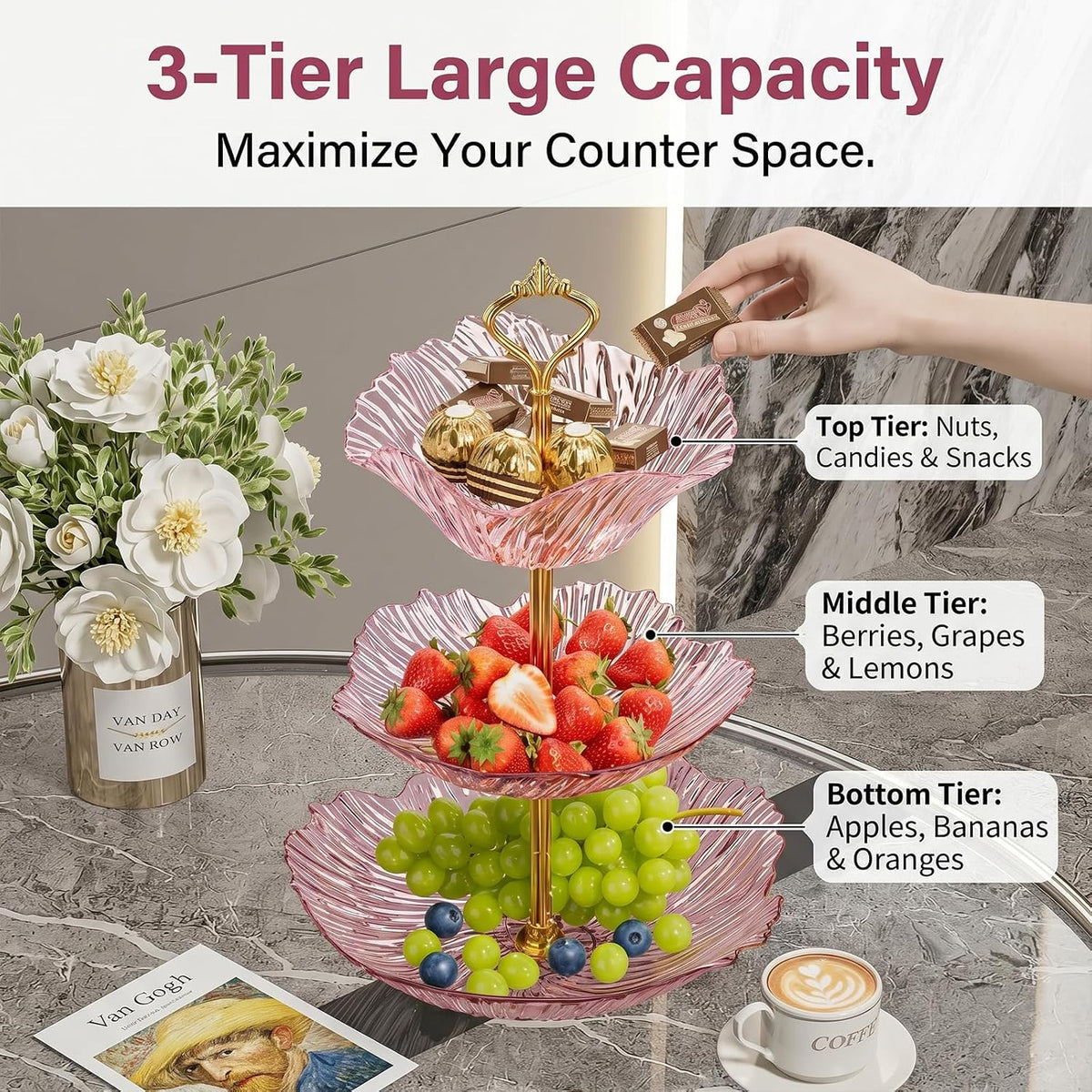 3 Tier Fruit Basket for Kitchen Counter, Light Luxury Acrylic Fruit Bowl Stand, Detachable Tiered Serving Tray for Cupcake, Snack, Cake, Dessert,Cake Stand for Party (Transparent Pink)