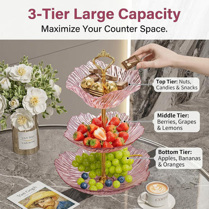3 Tier Fruit Basket for Kitchen Counter, Light Luxury Acrylic Fruit Bowl Stand, Detachable Tiered Serving Tray for Cupcake, Snack, Cake, Dessert,Cake Stand for Party (Transparent Pink)