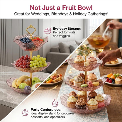3 Tier Fruit Basket for Kitchen Counter, Light Luxury Acrylic Fruit Bowl Stand, Detachable Tiered Serving Tray for Cupcake, Snack, Cake, Dessert,Cake Stand for Party (Transparent Pink)