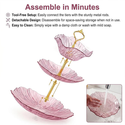 3 Tier Fruit Basket for Kitchen Counter, Light Luxury Acrylic Fruit Bowl Stand, Detachable Tiered Serving Tray for Cupcake, Snack, Cake, Dessert,Cake Stand for Party (Transparent Pink)