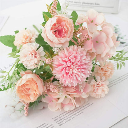 Artificial Flowers, 2 Pack Fake Peony Silk Hydrangea Bouquet Decor Plastic Carnations Daisy Realistic Flower Arrangements Wedding Decoration Table Centerpieces,for Home Office Party Decor (Pink)