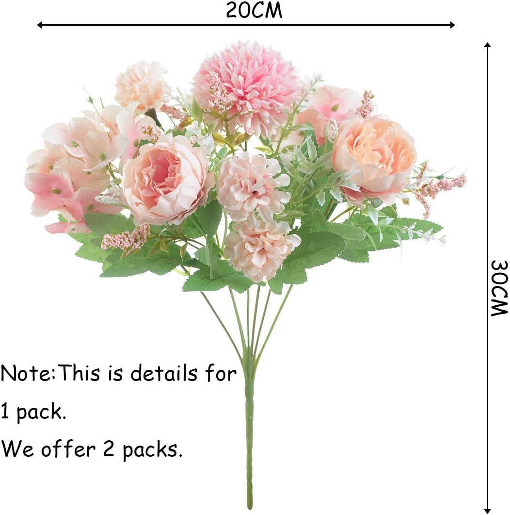Artificial Flowers, 2 Pack Fake Peony Silk Hydrangea Bouquet Decor Plastic Carnations Daisy Realistic Flower Arrangements Wedding Decoration Table Centerpieces,for Home Office Party Decor (Pink)