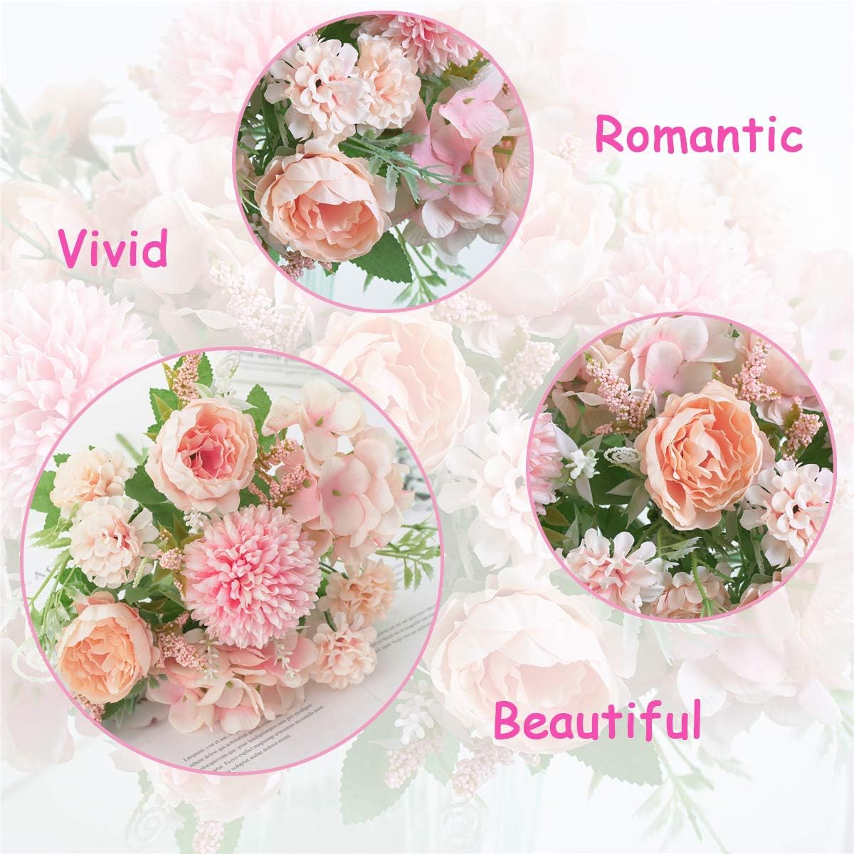 Artificial Flowers, 2 Pack Fake Peony Silk Hydrangea Bouquet Decor Plastic Carnations Daisy Realistic Flower Arrangements Wedding Decoration Table Centerpieces,for Home Office Party Decor (Pink)