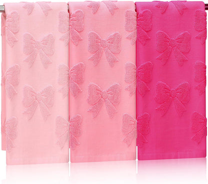 3 Pcs Pink Bow Hand Towels Set for Bathroom Coquette Bow Hand Towels 100% Cotton Absorbent Decorative Jacquard Weave Washcloths Bath Decor Preppy Bathroom Decor Gift, 13.7 x 29.5 Inch