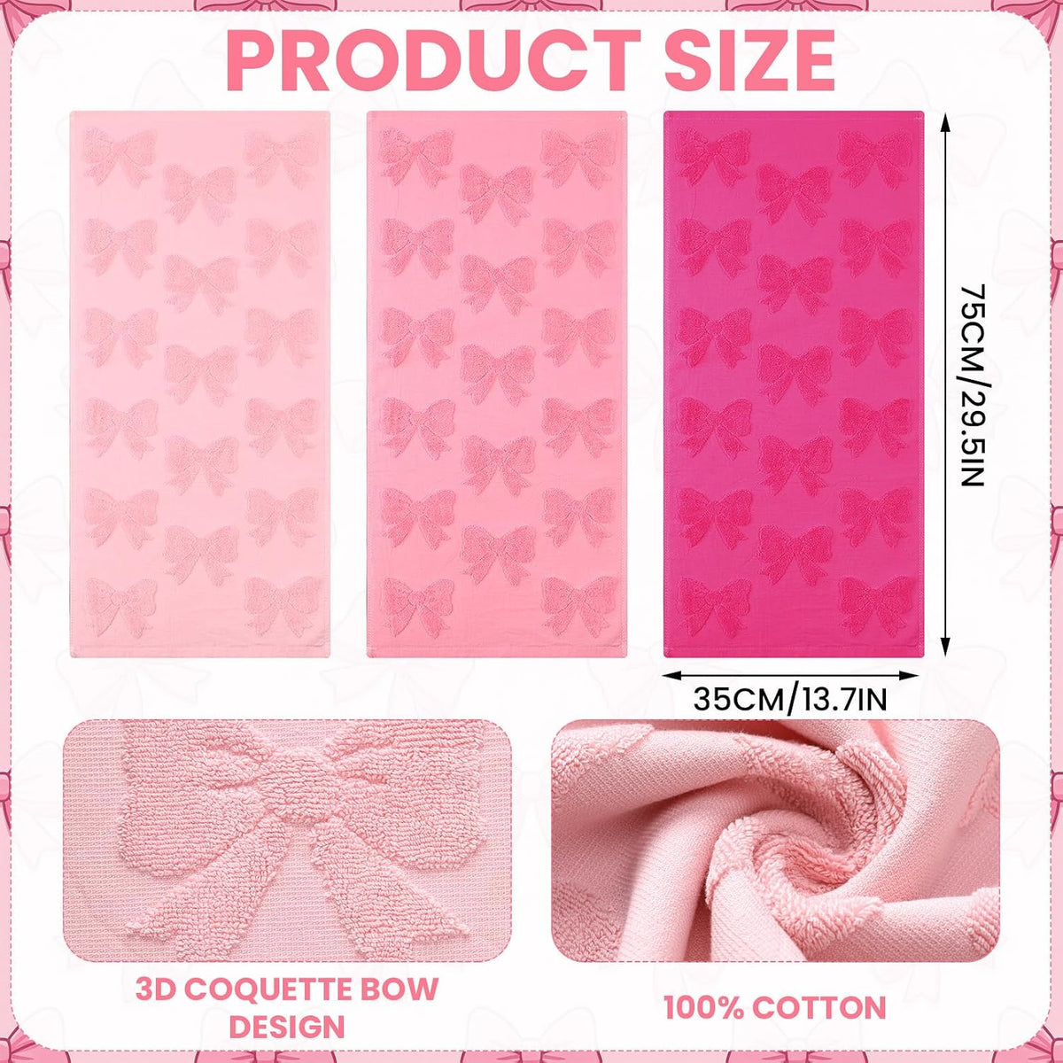 3 Pcs Pink Bow Hand Towels Set for Bathroom Coquette Bow Hand Towels 100% Cotton Absorbent Decorative Jacquard Weave Washcloths Bath Decor Preppy Bathroom Decor Gift, 13.7 x 29.5 Inch