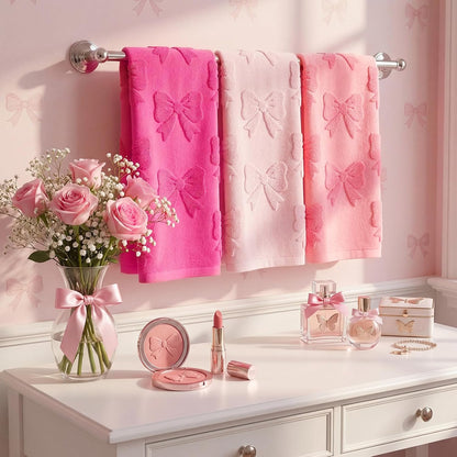 3 Pcs Pink Bow Hand Towels Set for Bathroom Coquette Bow Hand Towels 100% Cotton Absorbent Decorative Jacquard Weave Washcloths Bath Decor Preppy Bathroom Decor Gift, 13.7 x 29.5 Inch