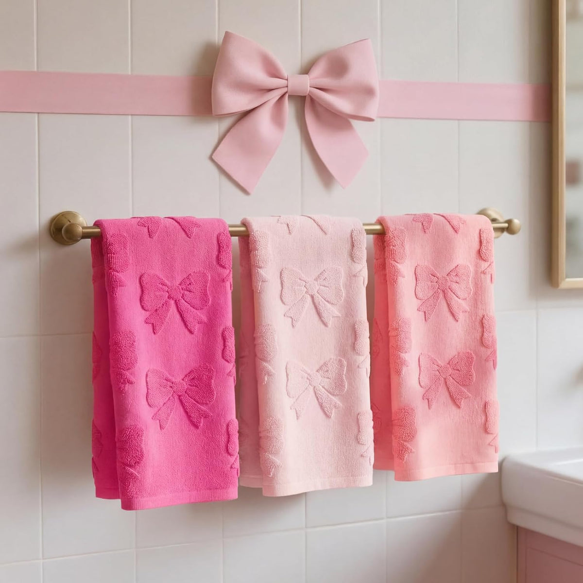 3 Pcs Pink Bow Hand Towels Set for Bathroom Coquette Bow Hand Towels 100% Cotton Absorbent Decorative Jacquard Weave Washcloths Bath Decor Preppy Bathroom Decor Gift, 13.7 x 29.5 Inch