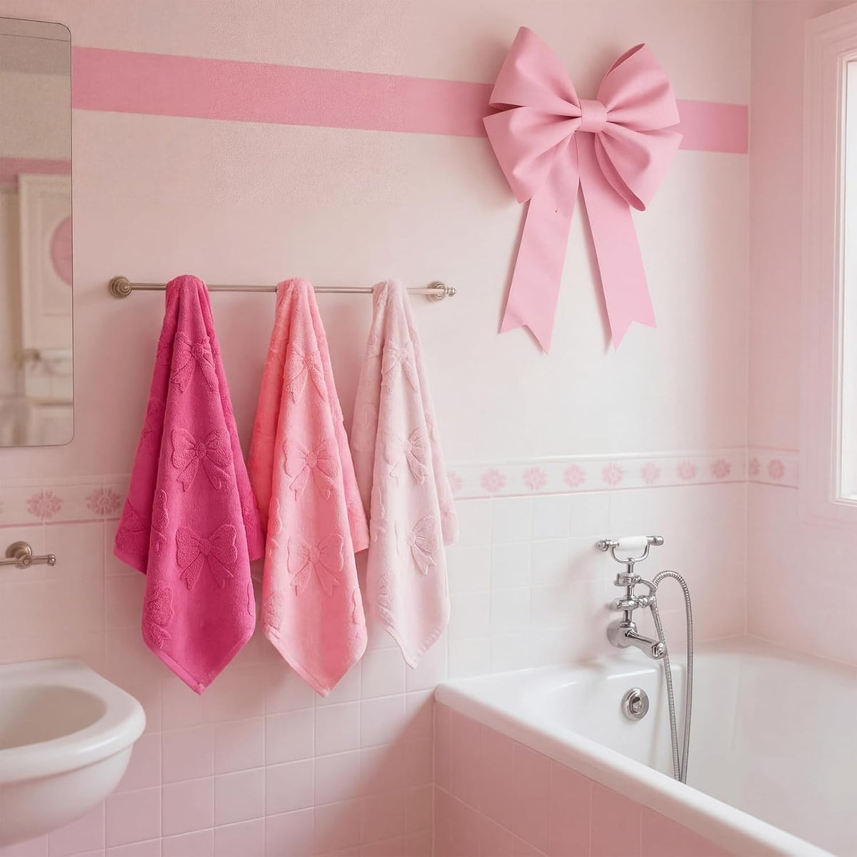 3 Pcs Pink Bow Hand Towels Set for Bathroom Coquette Bow Hand Towels 100% Cotton Absorbent Decorative Jacquard Weave Washcloths Bath Decor Preppy Bathroom Decor Gift, 13.7 x 29.5 Inch