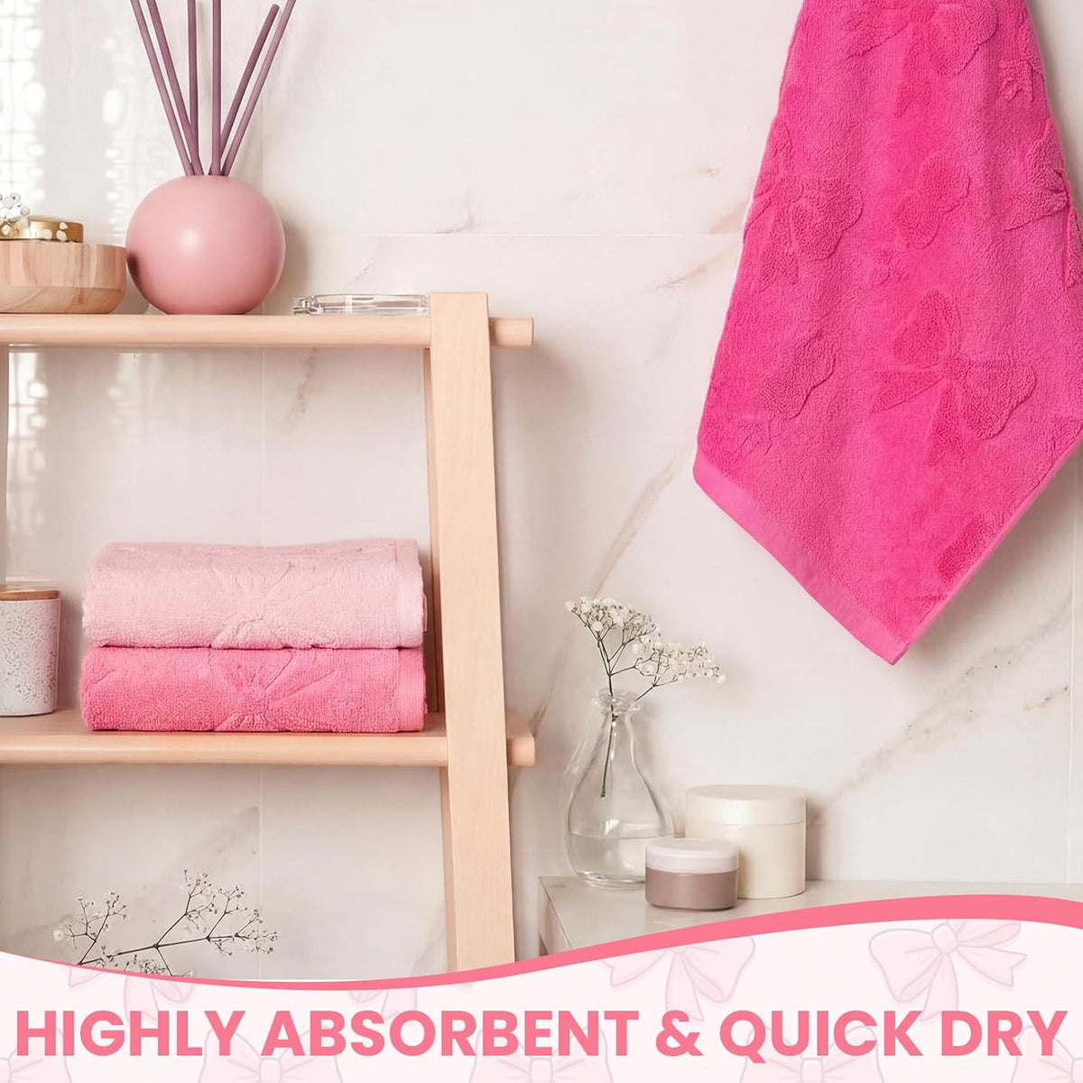 3 Pcs Pink Bow Hand Towels Set for Bathroom Coquette Bow Hand Towels 100% Cotton Absorbent Decorative Jacquard Weave Washcloths Bath Decor Preppy Bathroom Decor Gift, 13.7 x 29.5 Inch